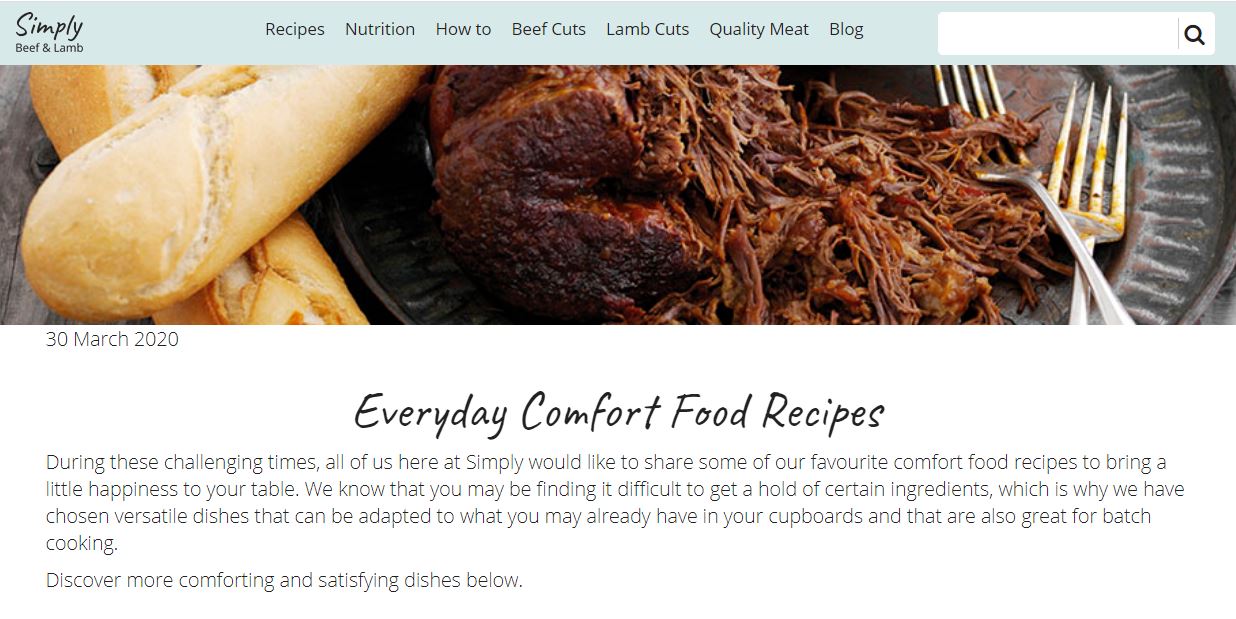 Simply beef and lamb website screenshot taken 30.03.20 of 'Everyday comfort food recipes'.